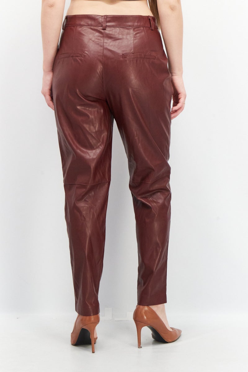 EDC Women Regular Fit Solid Faux Leather Pants, Maroon - Image 3
